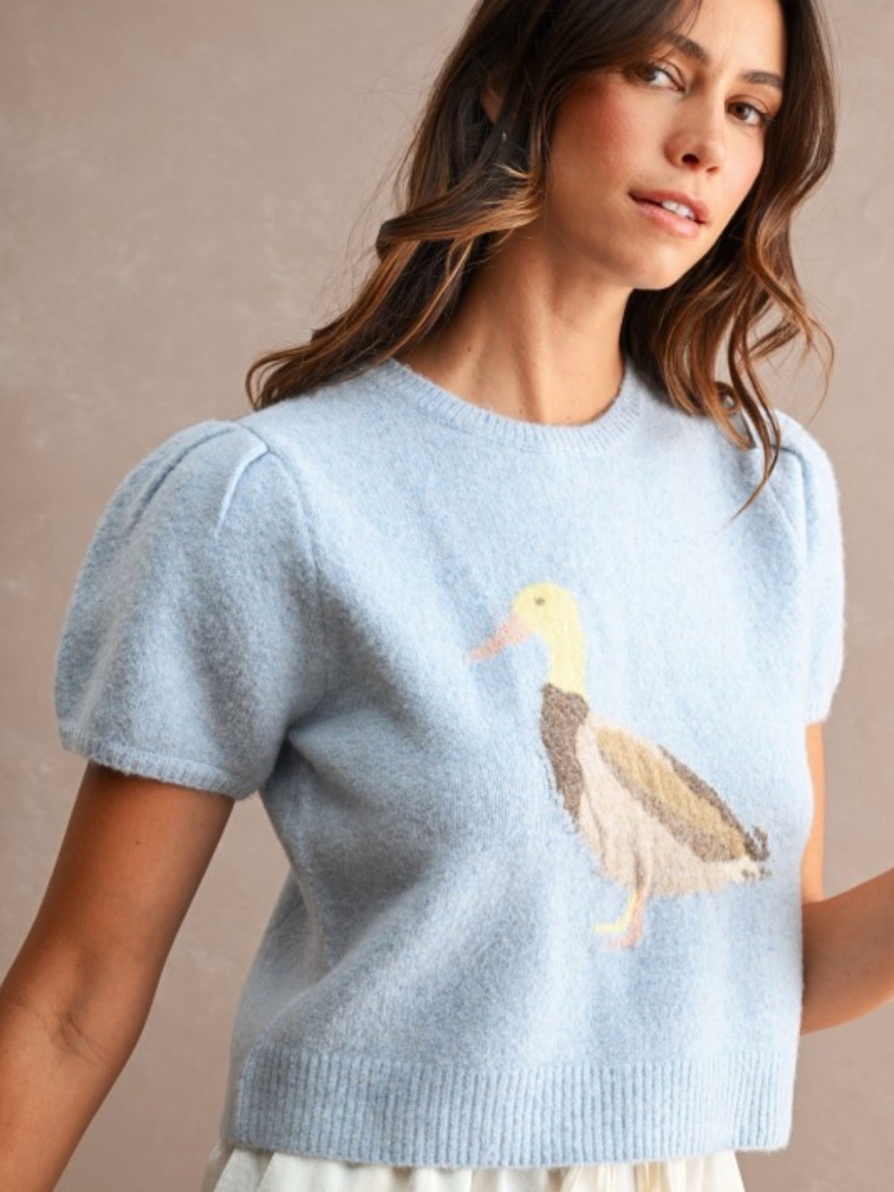 A724. Light Blue Puff-Sleeve Cropped Sweater with Duck Jacquard - Picture 3 of 7
